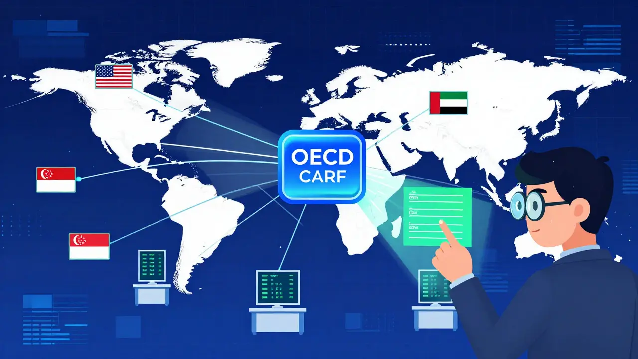 Cartoon showing global crypto data sharing via OECD CARF framework and surveillance