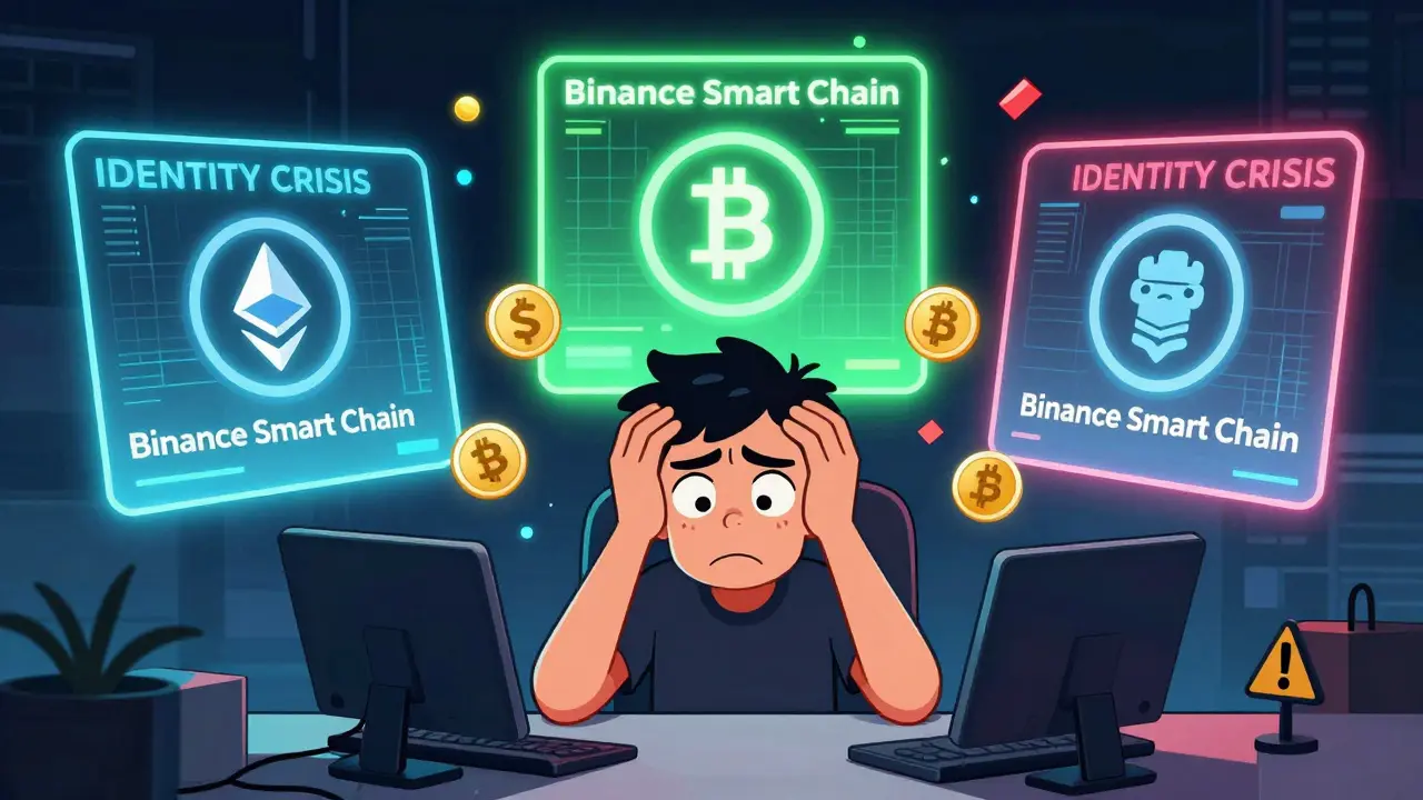 Confused cartoon trader facing multiple confusing crypto tokens