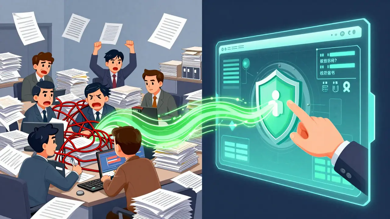 Contrast between messy manual claims and sleek blockchain automation