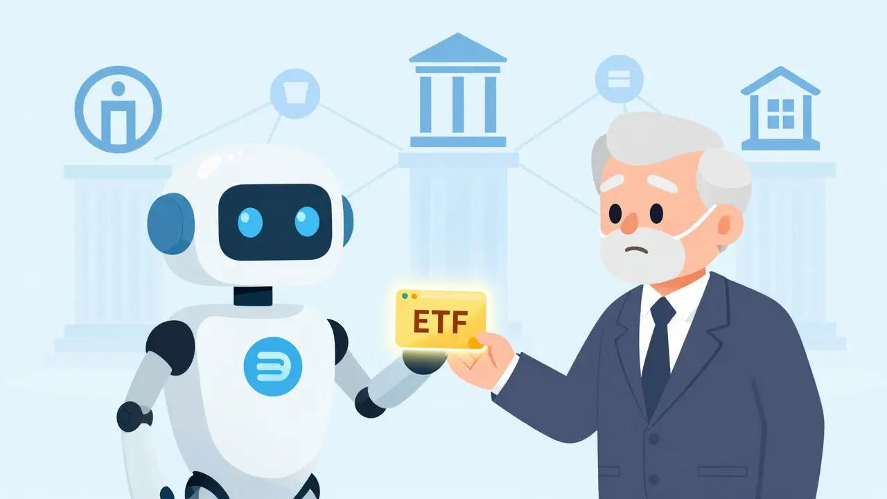 Financial advisor handing an ETF card to an investor, symbolizing easy access