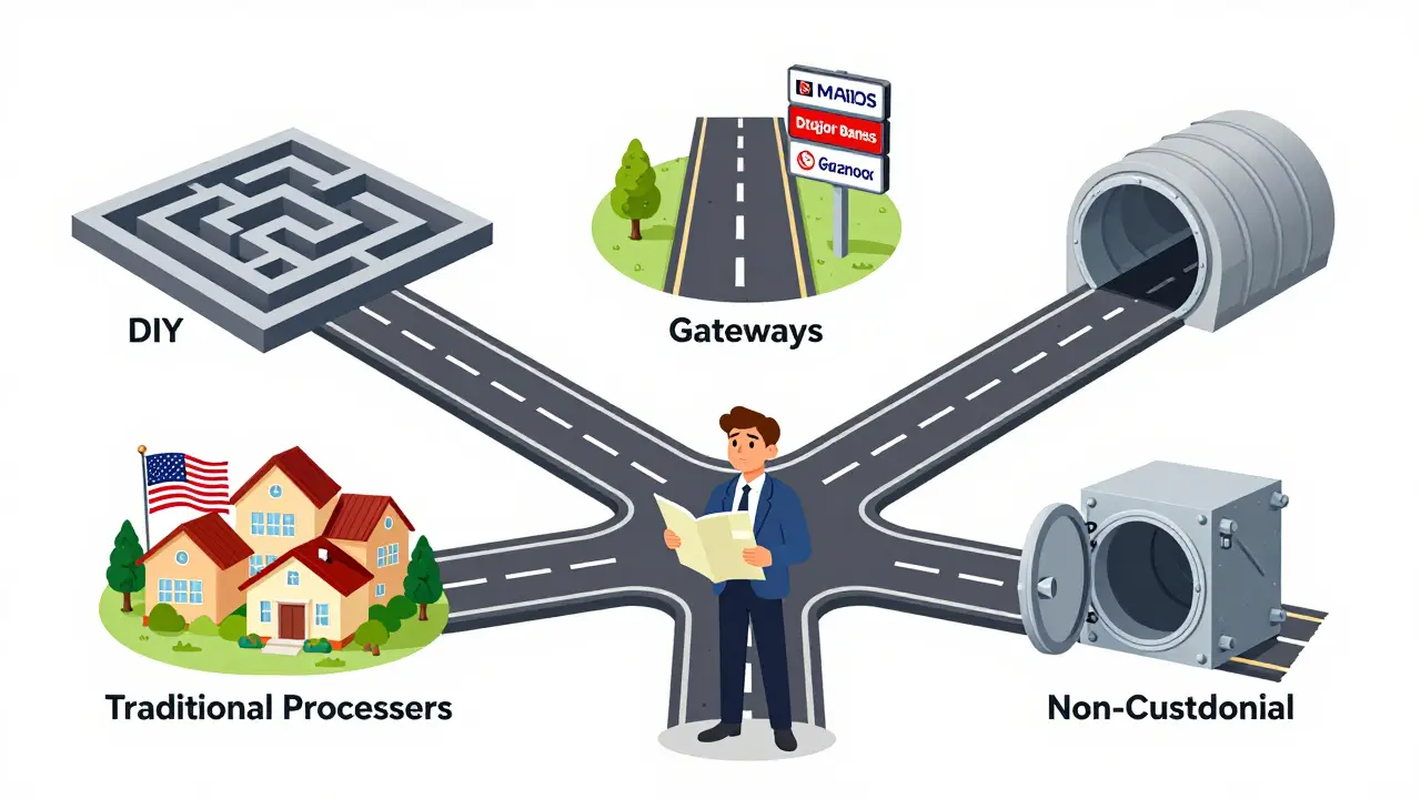 Four different paths for crypto payment integration shown as a road fork