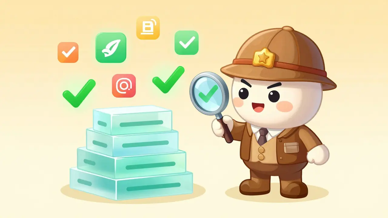 Friendly mascot inspecting blockchain blocks with green checkmarks for safety.