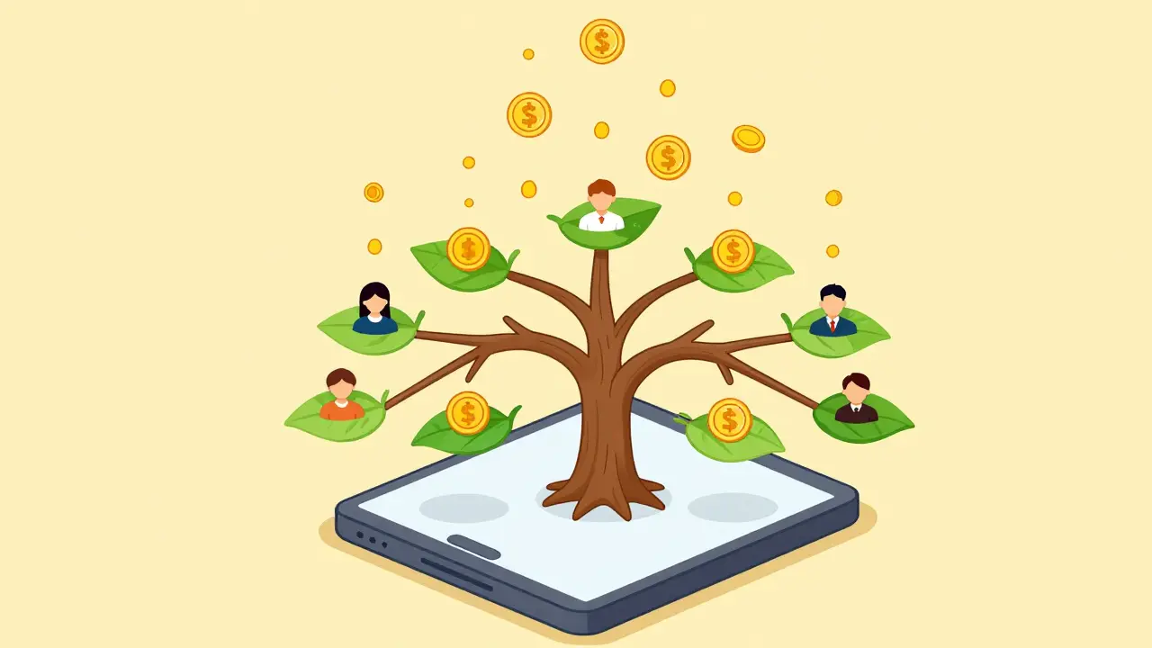 Illustration of a binary referral tree generating gold coin rewards