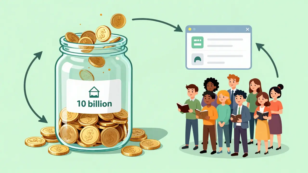 Illustration of coins flowing into a jar and back to holders