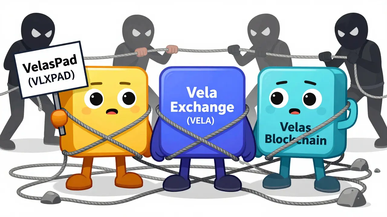 Illustration showing confusion between VelasPad, Vela Exchange, and Velas.