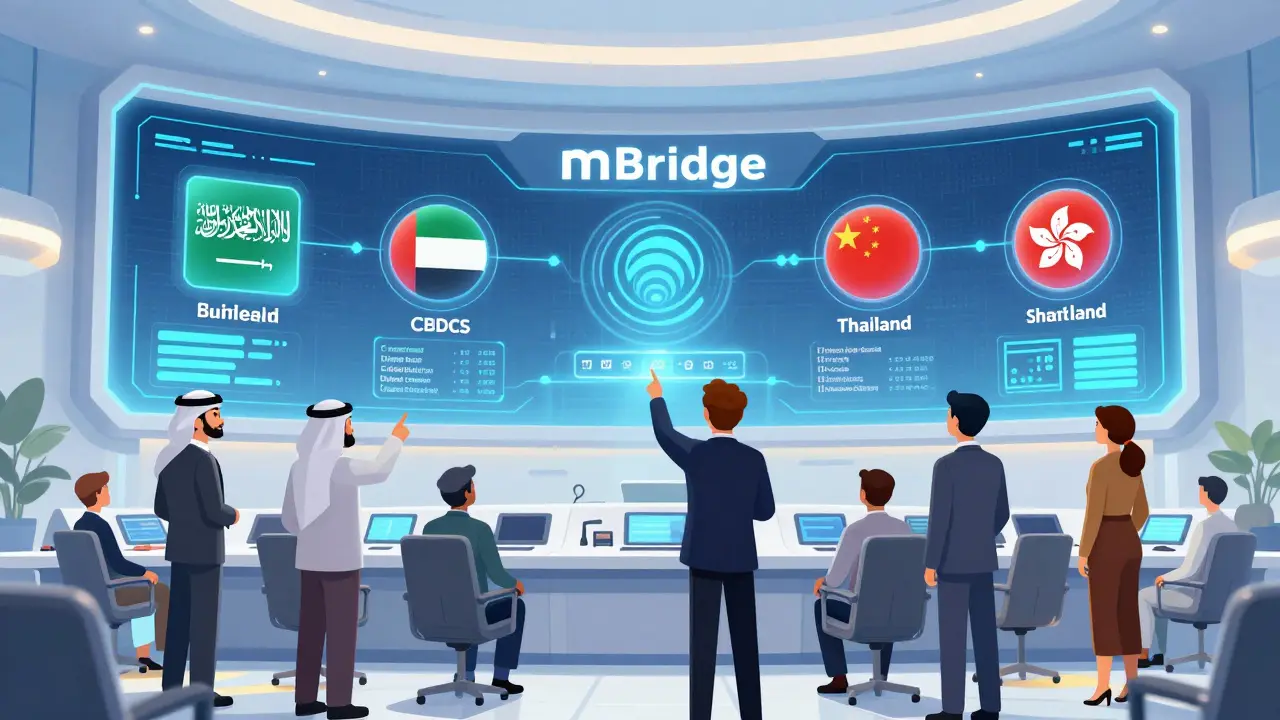 Officials managing mBridge CBDC project in a high-tech room