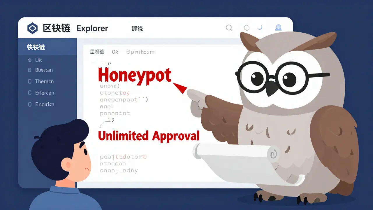 Owl expert checking smart contract for red flags and honeypots