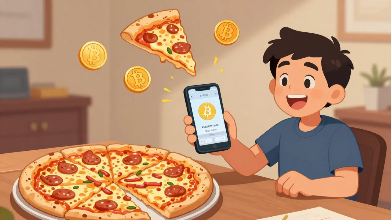 Programmer buying two pizzas with Bitcoin in a cartoon style