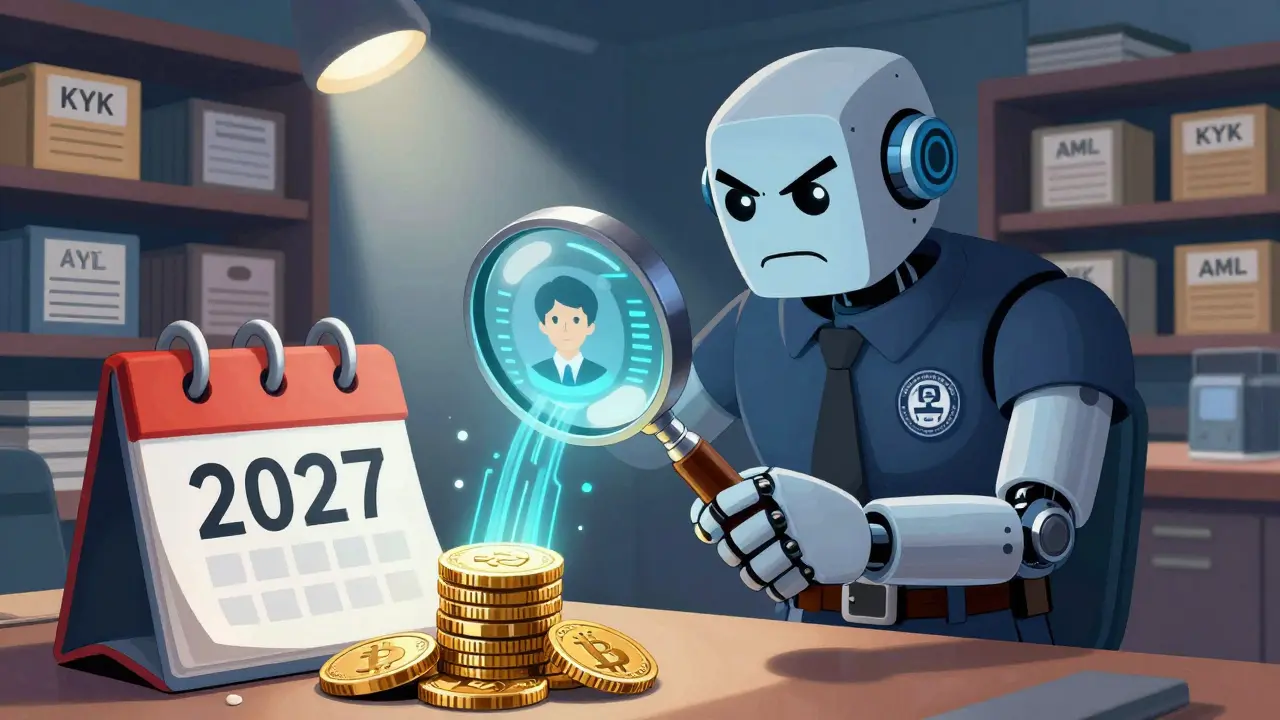 Robotic tax auditor scanning crypto assets for 2027 tax compliance
