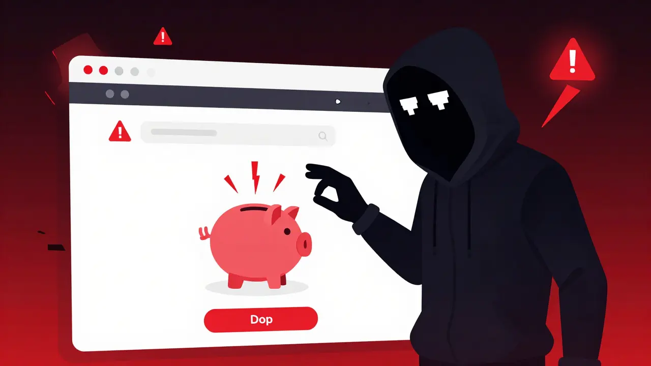 Shadowy hacker stealing from a wallet near a glitchy fake website interface.