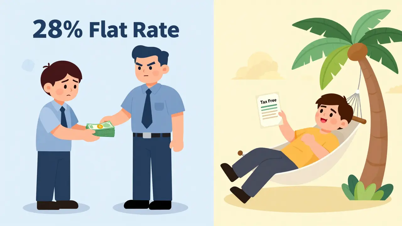 Split screen cartoon comparing 28% tax vs tax-free status