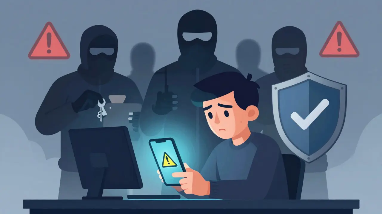 User checking phone for scam warnings while shield protects their digital wallet