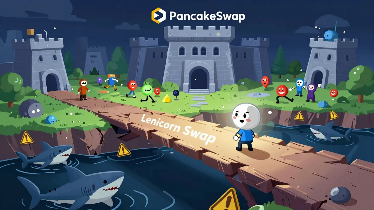 User on a crumbling bridge vs secure fortress in cartoon style
