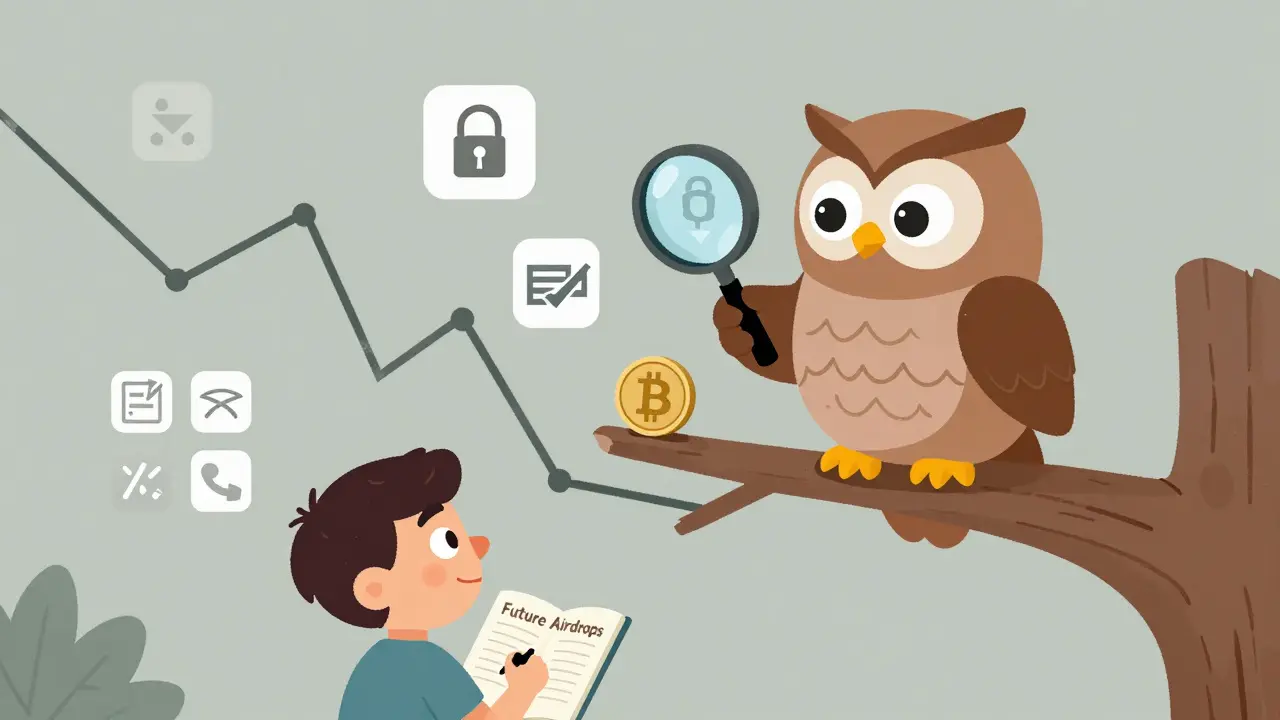 Wise owl analyzing BIT token trends while a student takes notes on lessons.