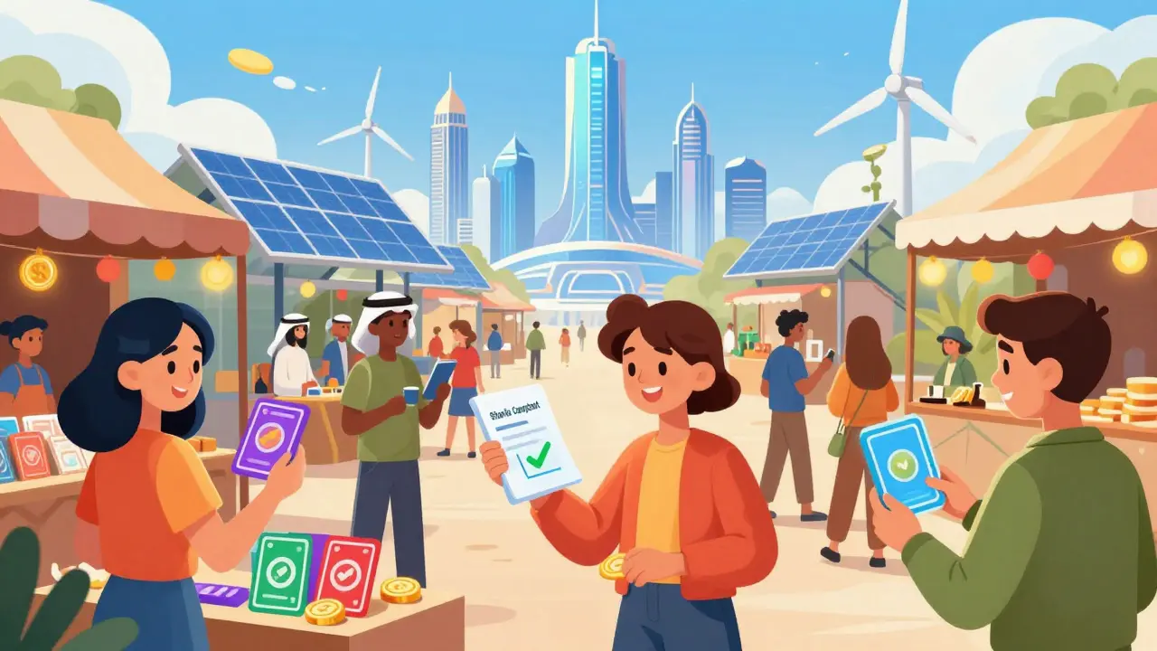 Young Saudis trading NFTs near solar-powered NEOM skyline