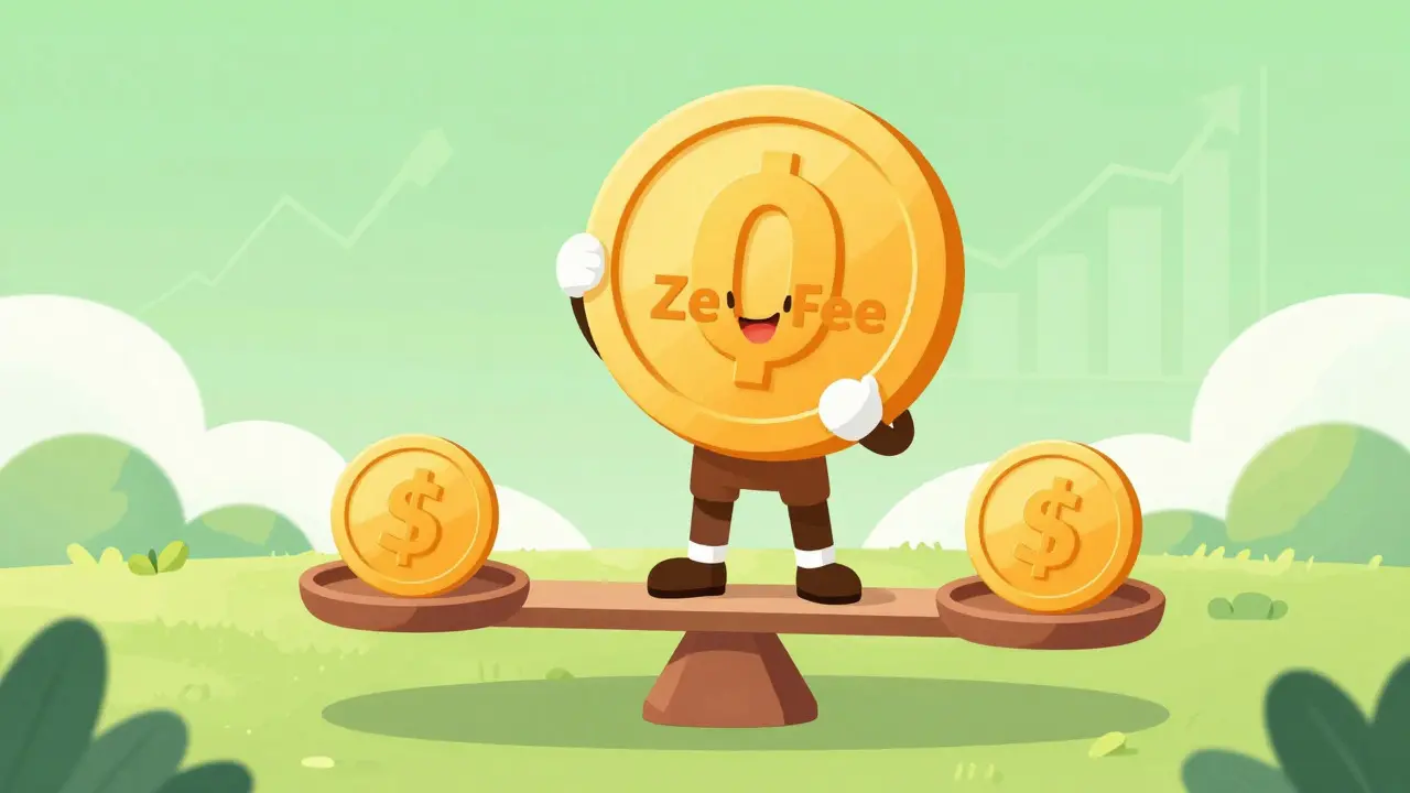 A cartoon character celebrating zero fees on stablecoins with a balanced scale and growing yield.
