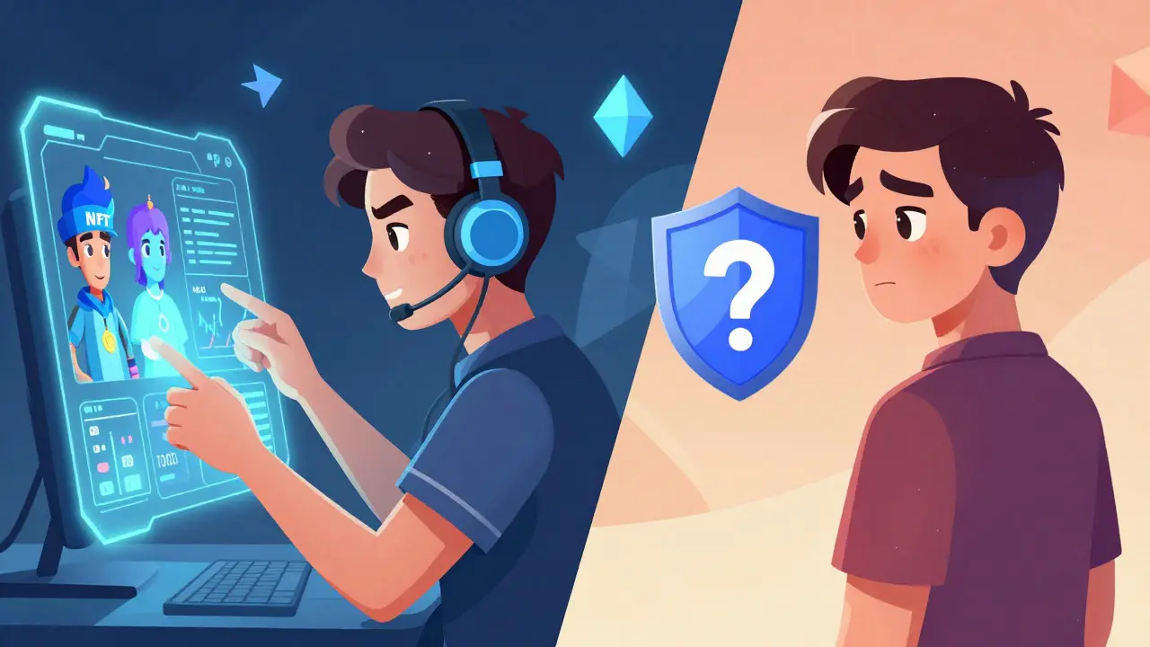 A split illustration showing a power user with NFTs versus a cautious investor questioning regulation.