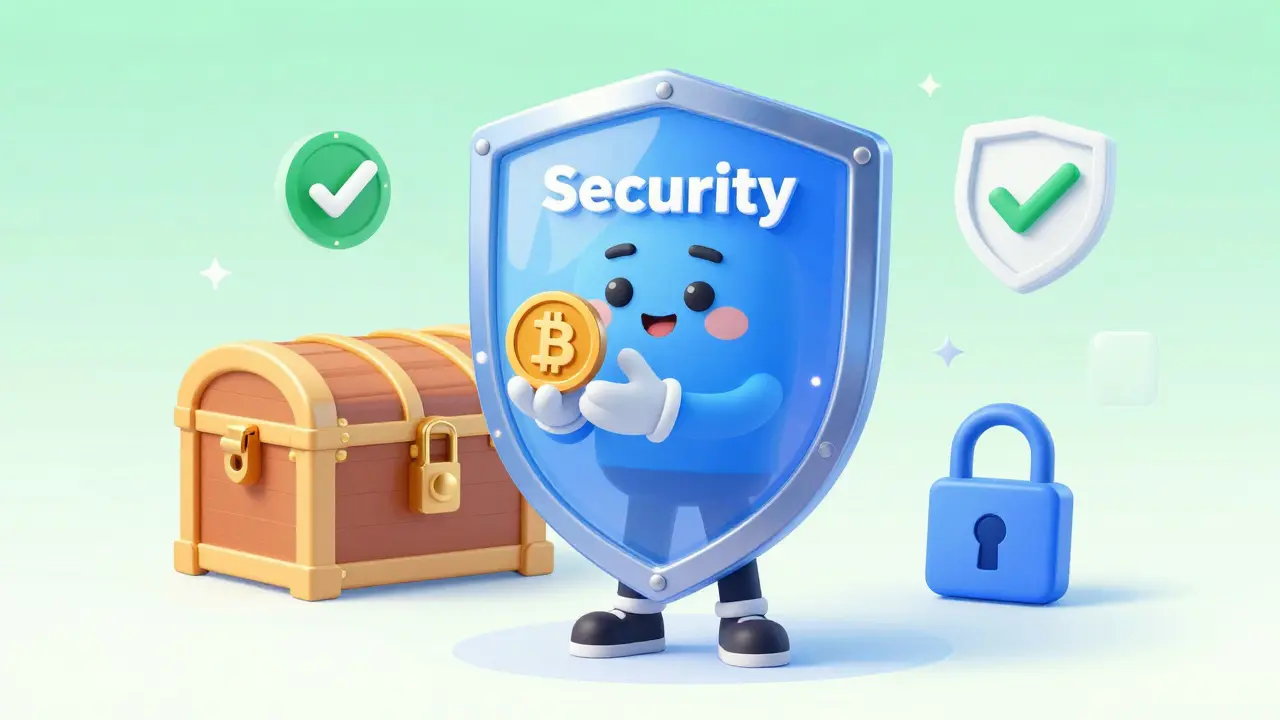 Cartoon character protected by a security shield using a burner wallet for safe crypto transactions.