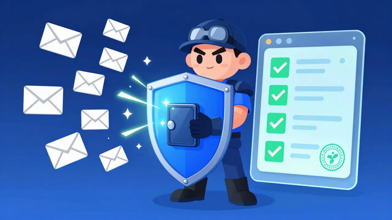 Cartoon character protecting their wallet with a firewall against scams