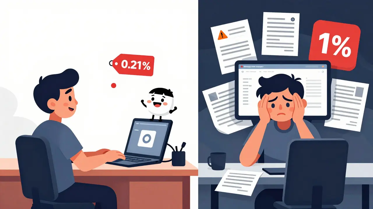 Cartoon comparing easy local crypto trading vs stressful foreign options
