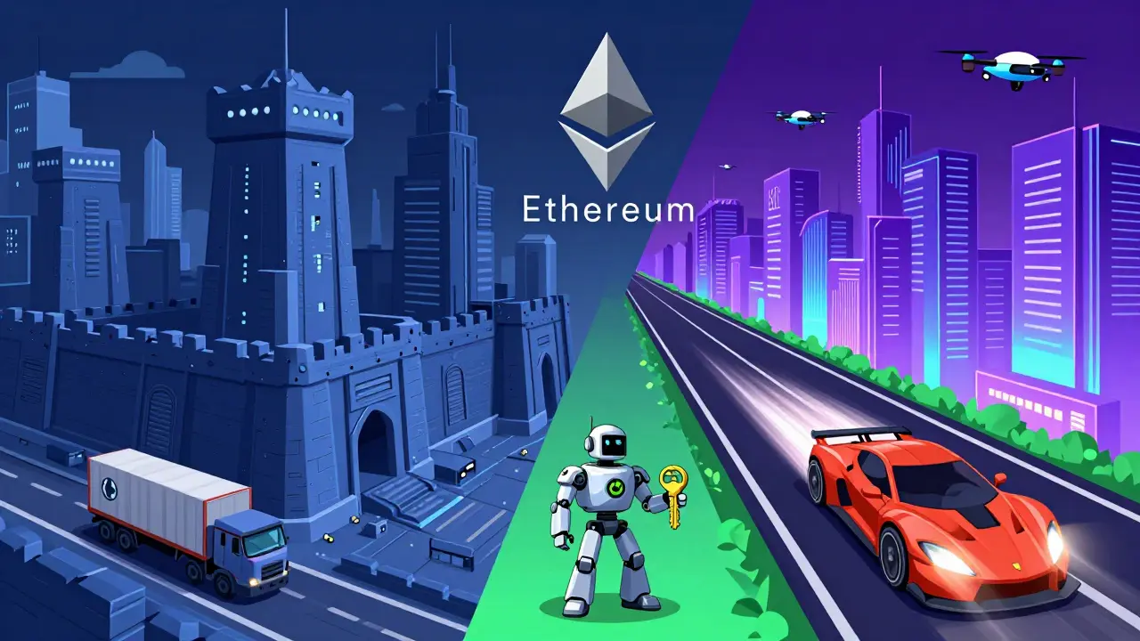 Cartoon comparing Ethereum's secure fortress city to Solana's fast-paced neon city