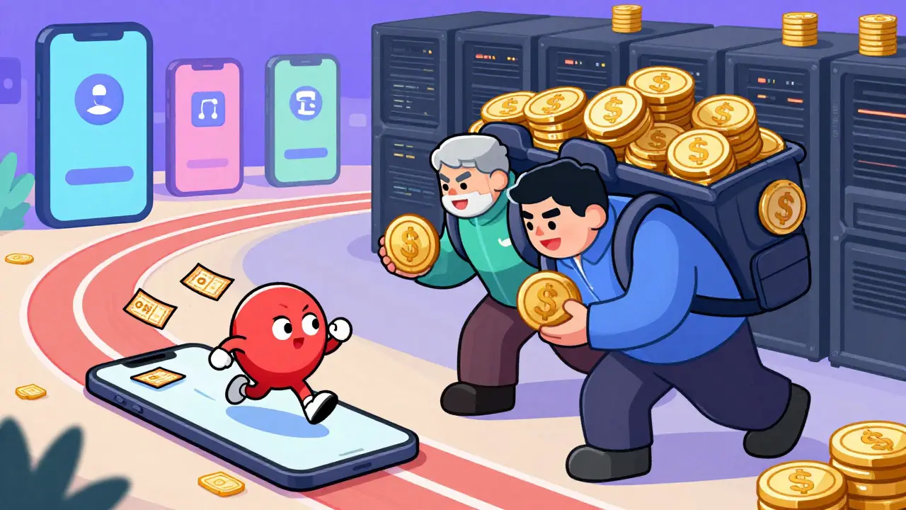 Cartoon comparing fast mobile lending vs slow expensive DeFi giants