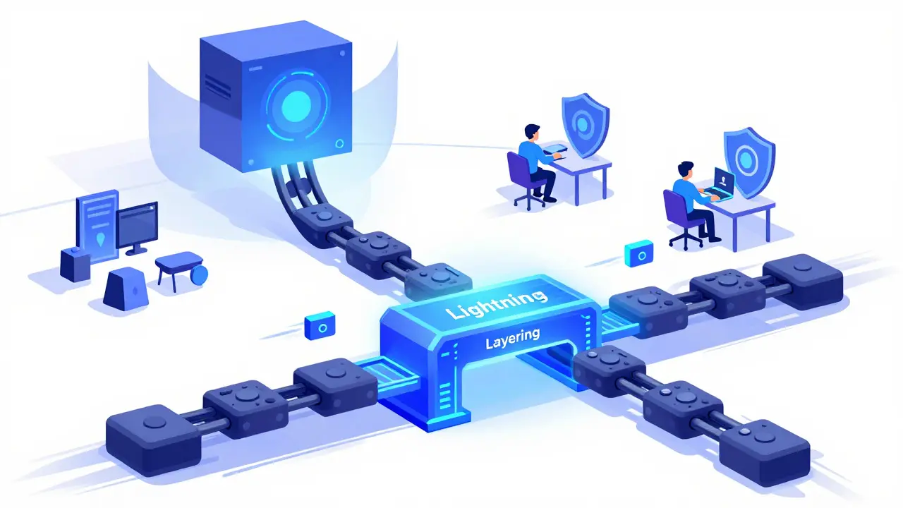 Cartoon depicting Layer-2 solutions speeding up transactions above the main blockchain.