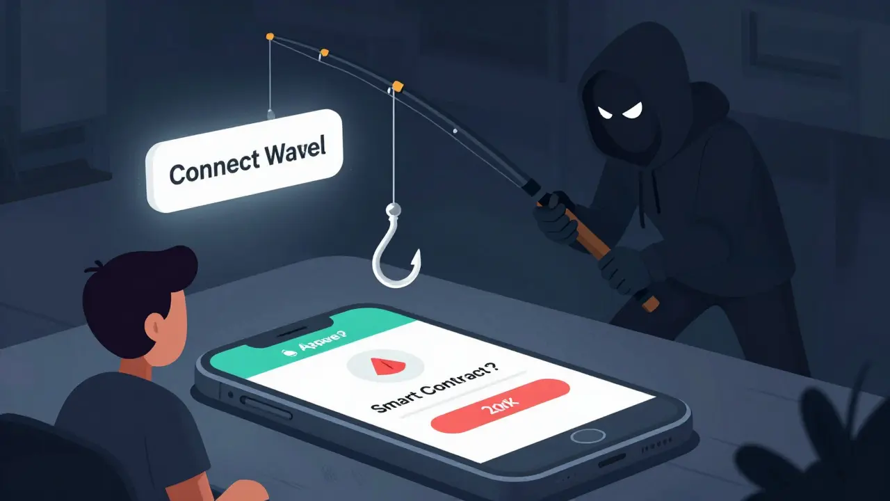 Cartoon hacker luring a user with a fake connect wallet button on a smartphone screen.