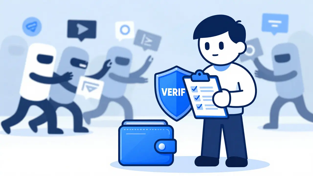Cartoon of a user protecting a burner wallet against chaotic scam bots in the background.