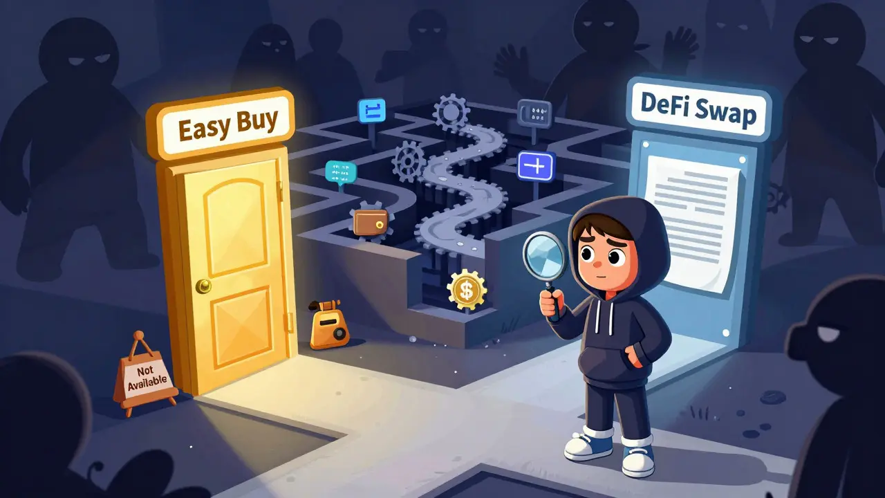 Cartoon of an investor choosing a complex DeFi path over easy exchanges.