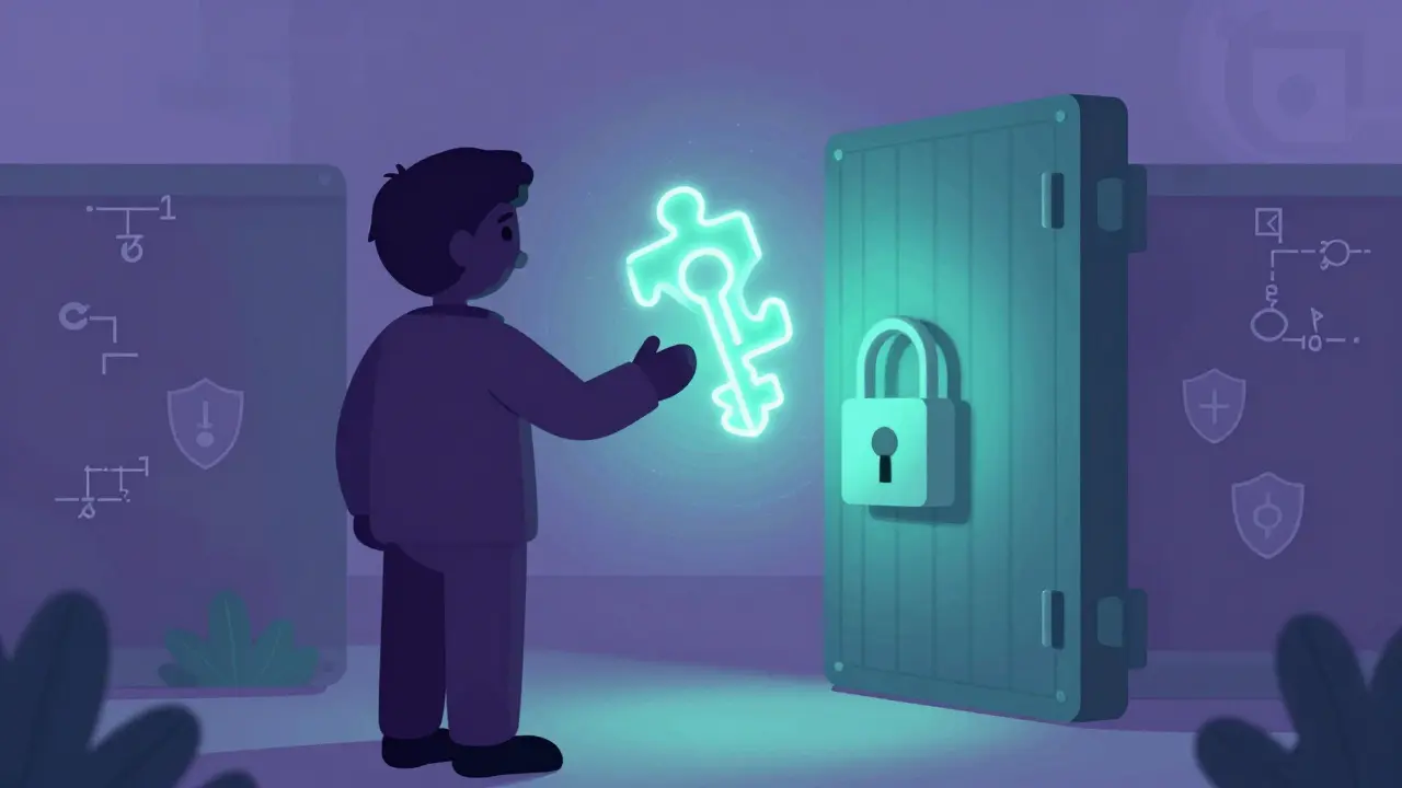 Cartoon of anonymous user using cryptographic key to prove identity privately
