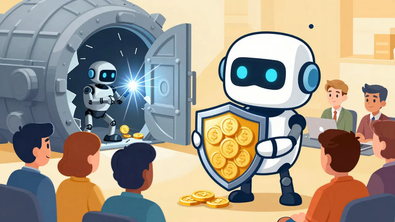 Cartoon robot shielding traders from a hacked vault, symbolizing security recovery