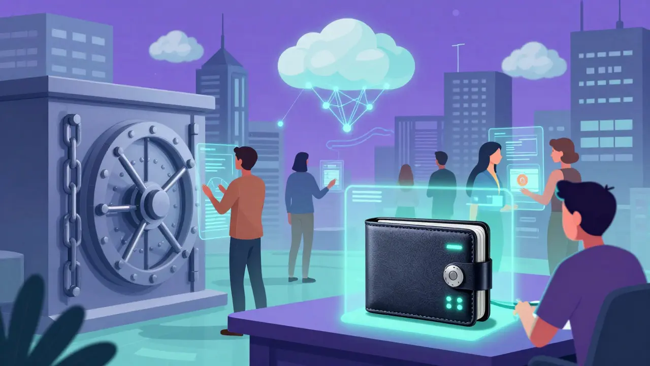 Cartoon showing decentralized networks bypassing locked banks