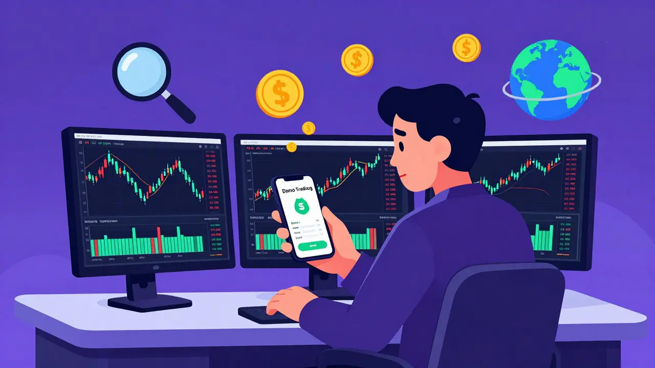 Cartoon trader using demo mode on phone amidst complex chart displays