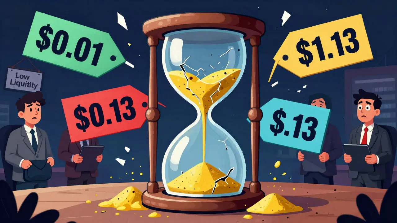 Chaotic scene with conflicting price tags and low liquidity symbols