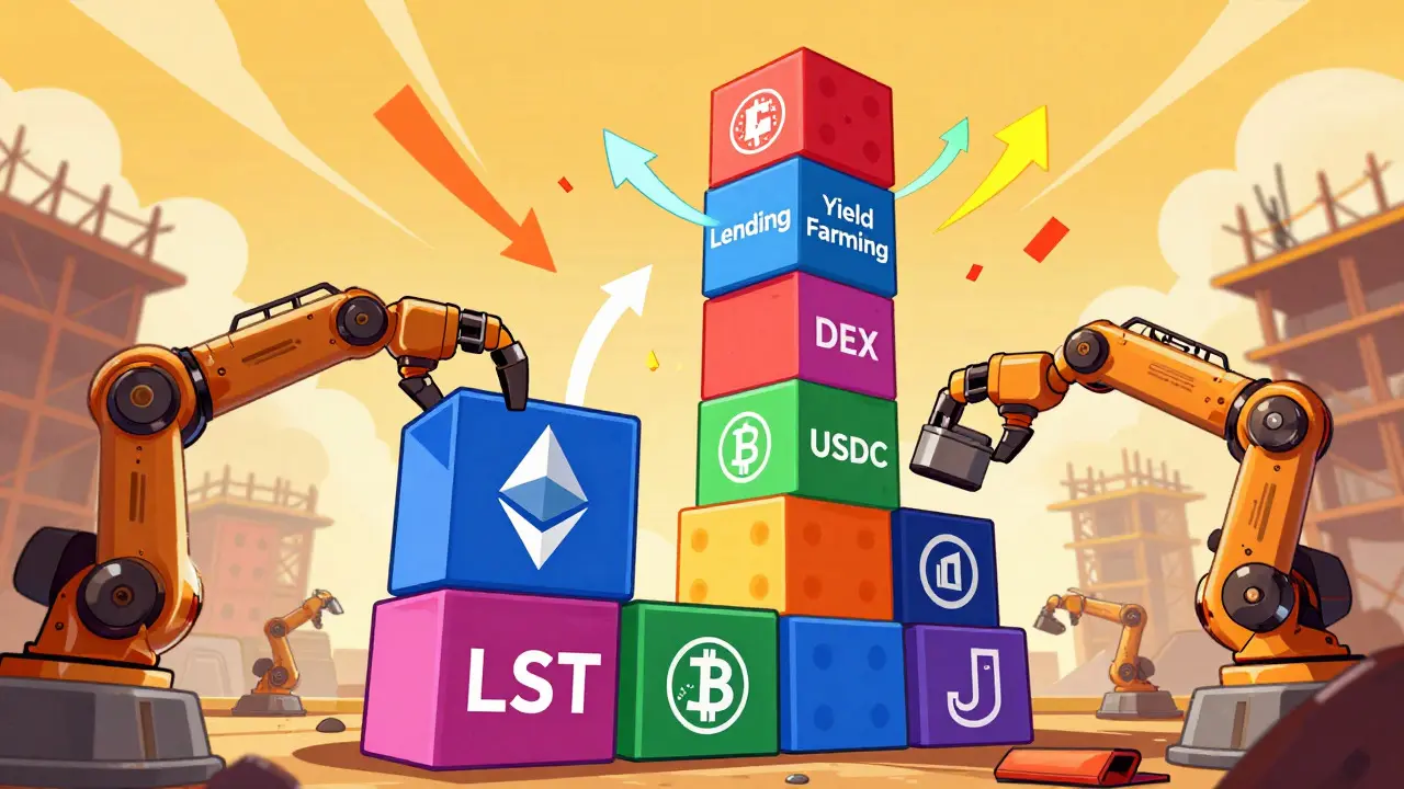 Colorful cartoon blocks stacking up to represent DeFi composability and yield.