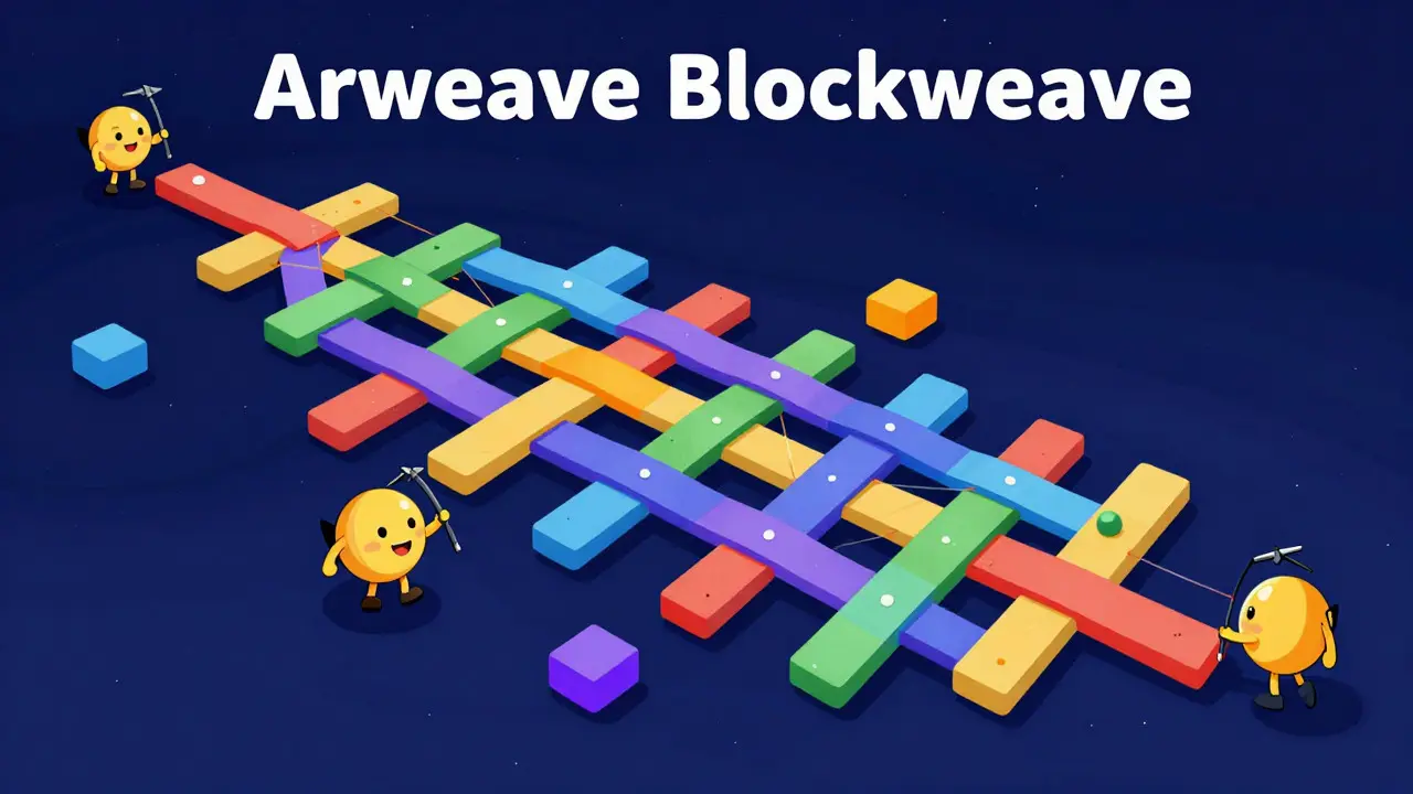 Colorful woven blockchain blocks showing Arweave's unique dual-linking structure