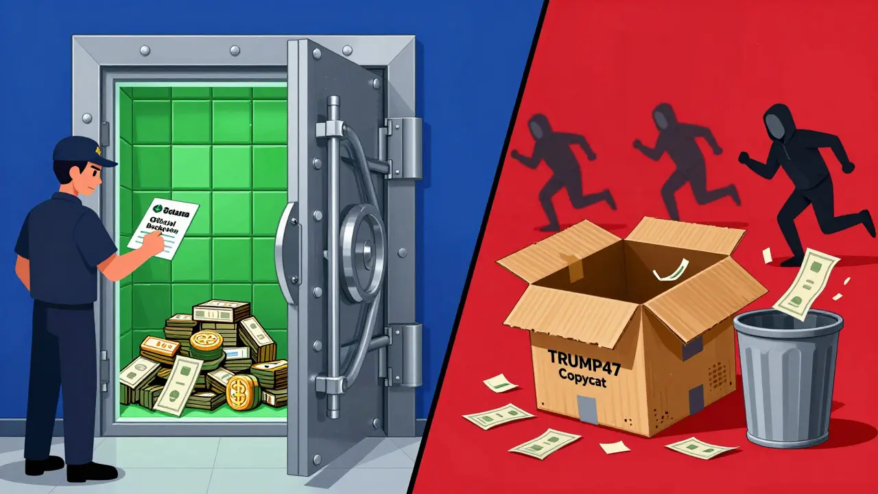 Comparison of secure official token vault versus crumbling copycat scam