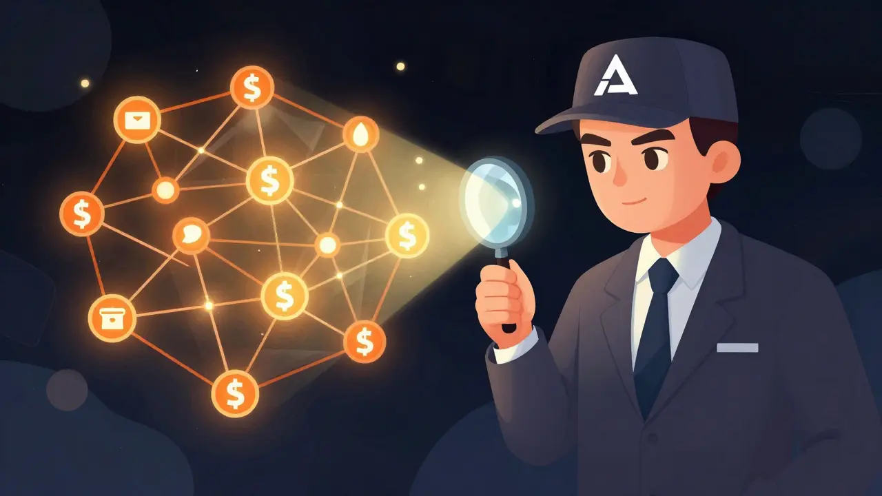 Detective using magnifying glass to reveal blockchain links