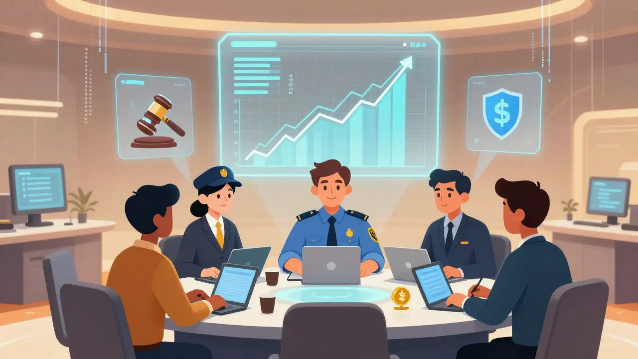 Financial professionals collaborating in a futuristic compliance room