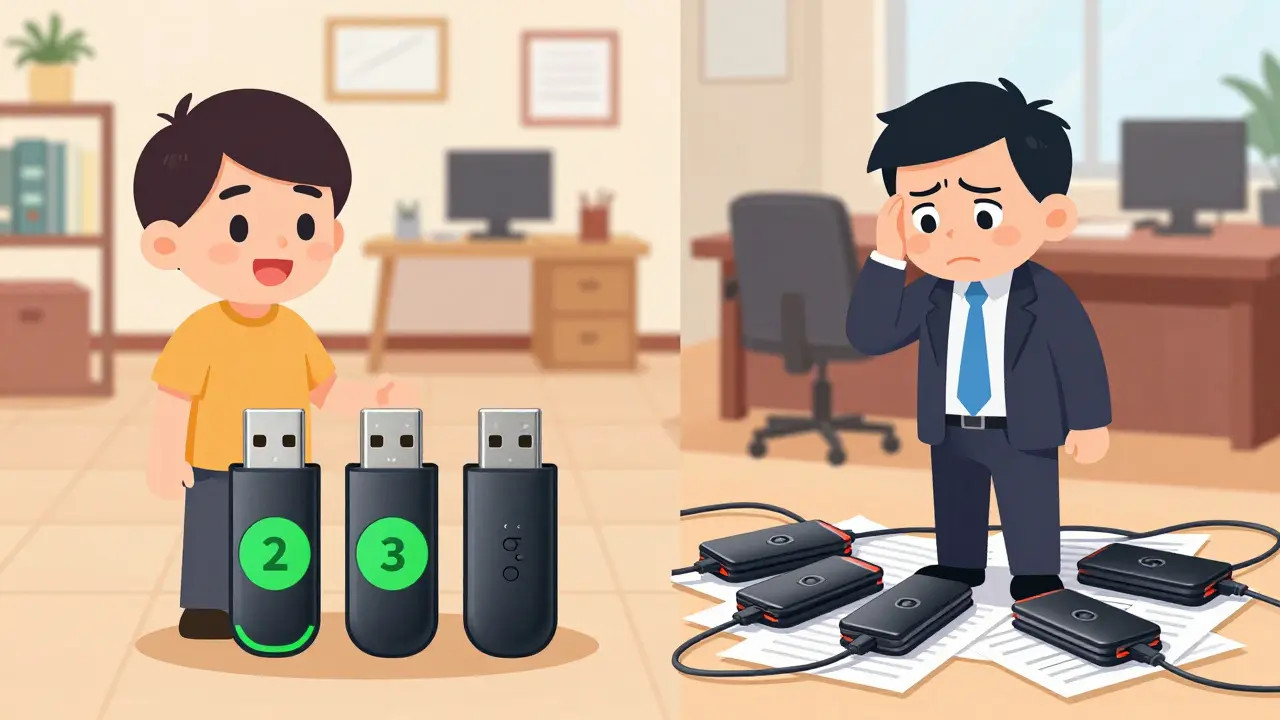 Happy person with 3 wallets vs stressed exec with 5