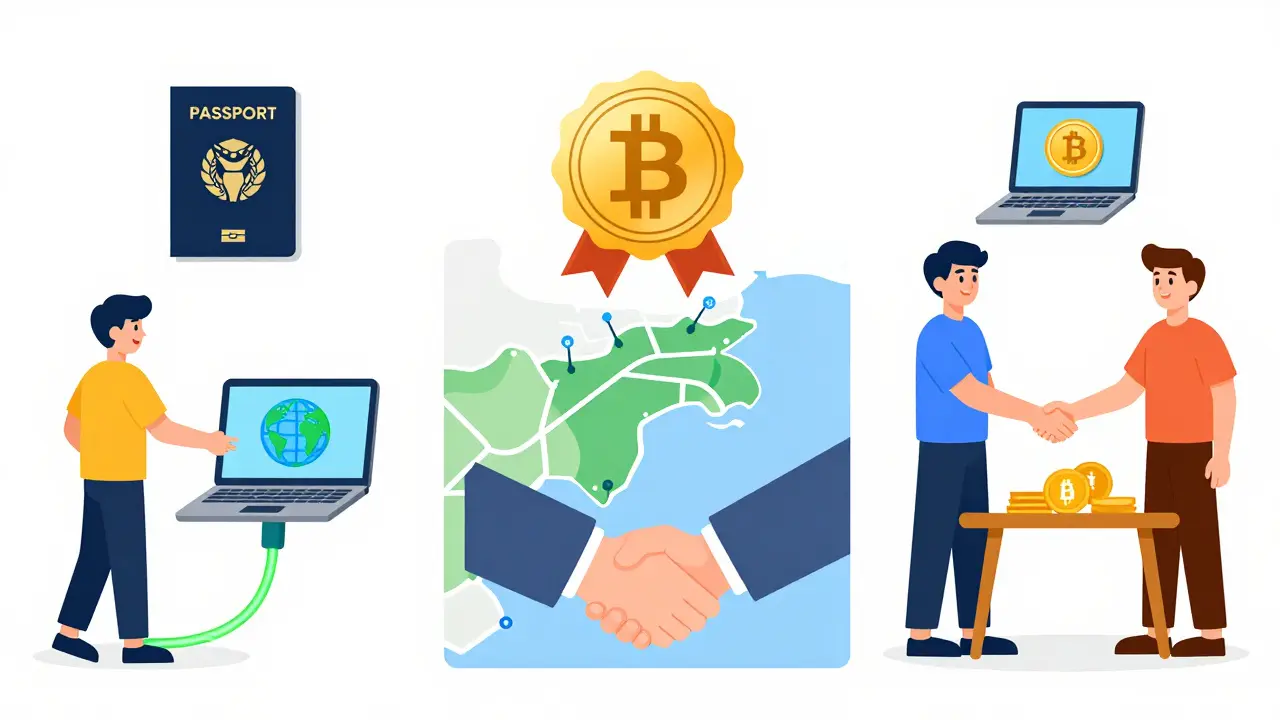 Illustration comparing VPN, HK exchange, and P2P crypto methods