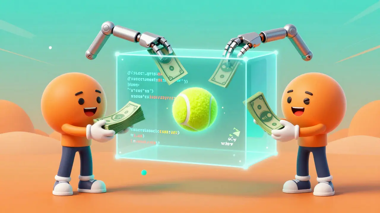 Illustration of a smart contract automating a bet between two users without a middleman