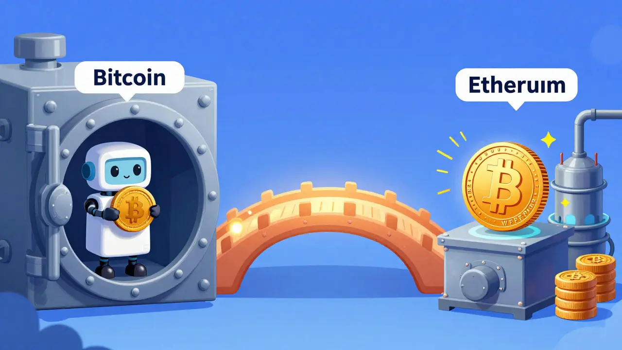 Illustration of lock-and-mint bridge mechanism with vault and factory