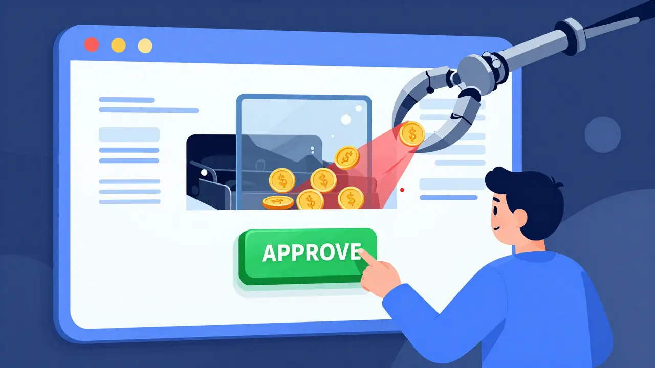 Illustration showing a user approving a contract while a hidden hand drains their wallet.