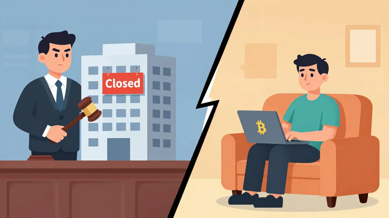 Judge shutting down crypto exchange while individual user remains safe on laptop