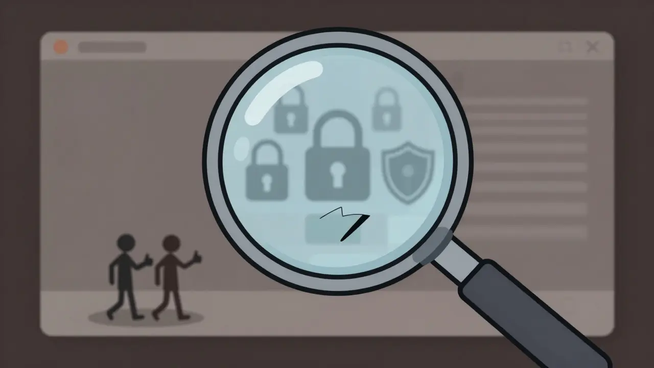 Magnifying glass revealing missing security and few reviews