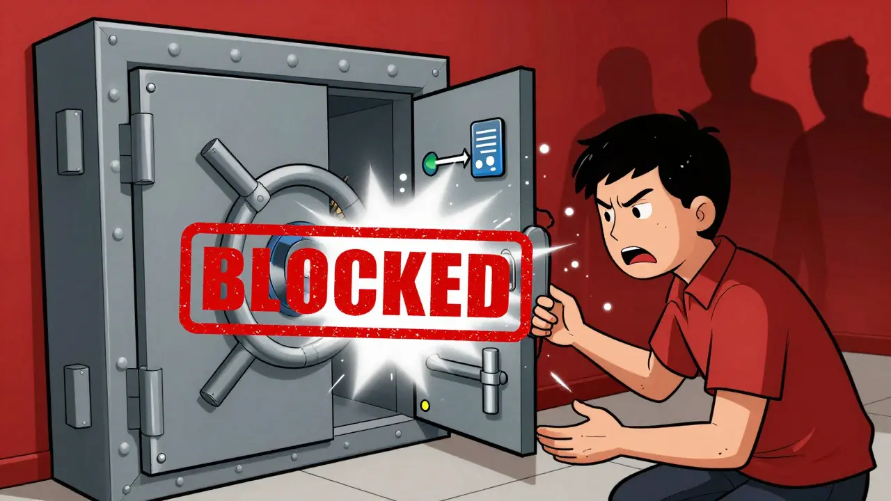 Person facing blocked bank account and financial risks in cartoon style