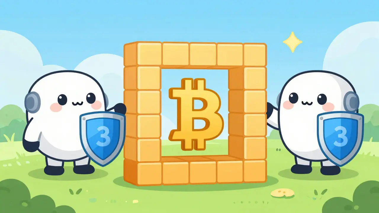 Robots guarding a Bitcoin in a digital fortress