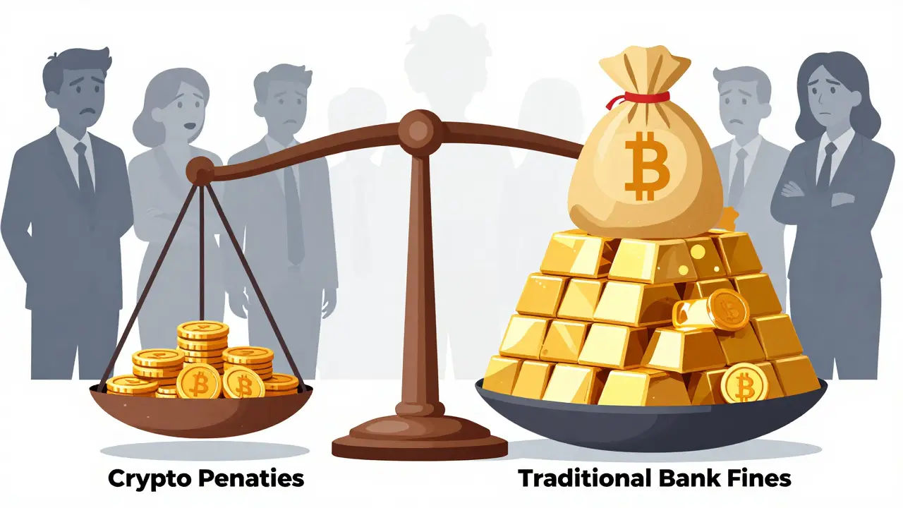 Scale showing crypto fines much lighter than traditional bank penalties